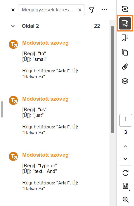 A jobb oldali panelen kiemelt módosítások listája