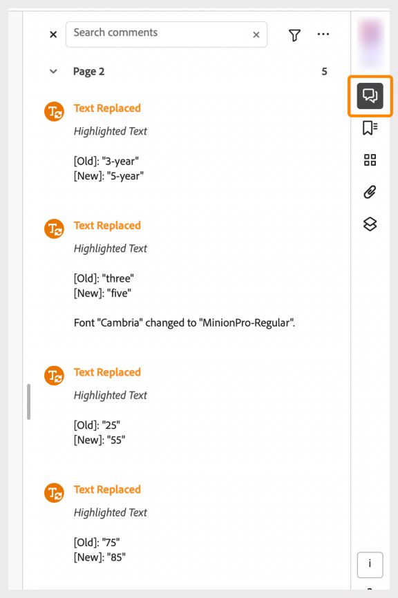 רשימה של שינויים מסומנים בחלונית הימנית
