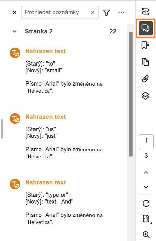 Seznam změn zvýrazněný v pravém panelu