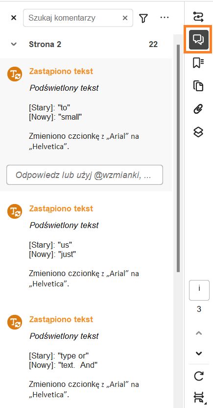 Lista zmian podświetlona w panelu po prawej stronie
