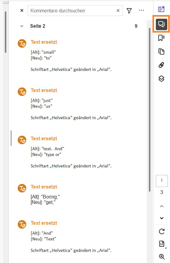 Liste der Änderungen im rechten Bereich markiert