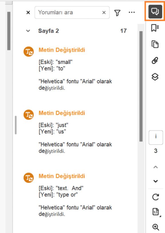 Sağ Bölmede vurgulanan değişiklikler listesi