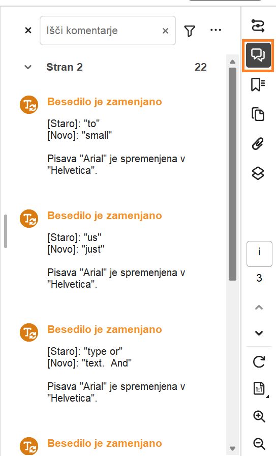 Seznam sprememb, označenih v desnem podoknu