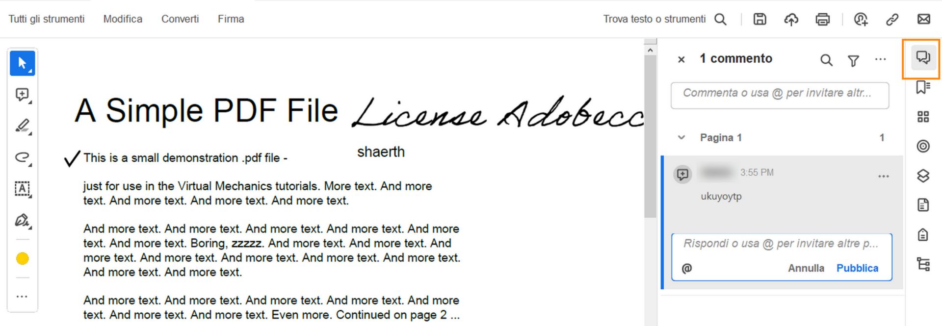Riquadro Commenti in Acrobat