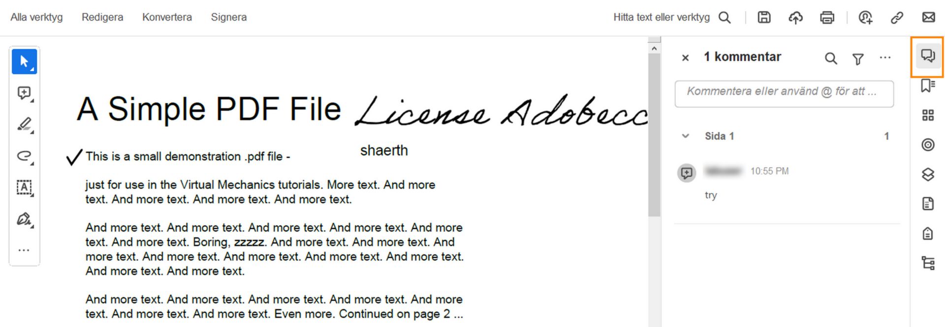 Kommentar fönster i Acrobat
