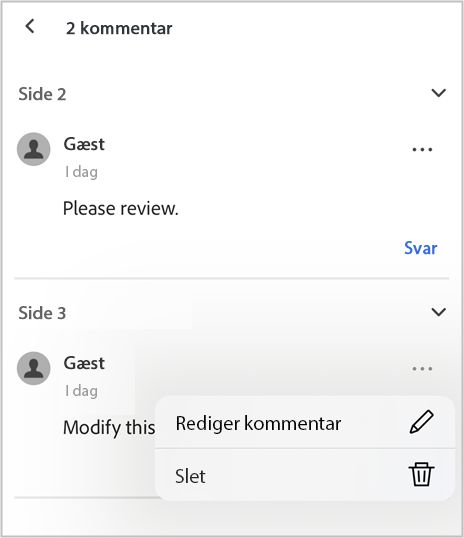 Brug panelet Kommentarer til at se, redigere eller besvare kommentarer.