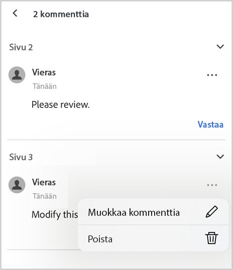 Kommentit-paneelissa voit tarkastella kommentteja, muokata niitä tai vastata niihin.