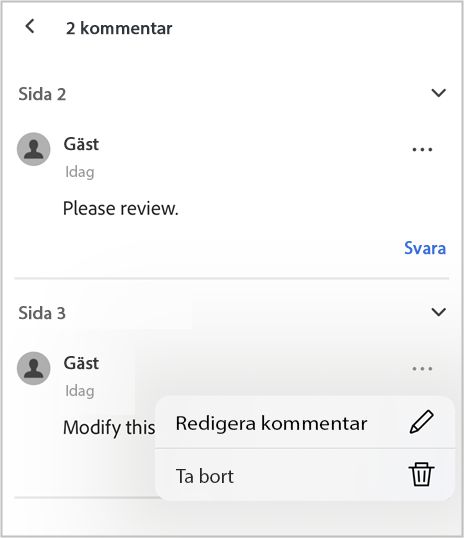 Använd kommentarspanelen för att visa, redigera eller besvara kommentarer.