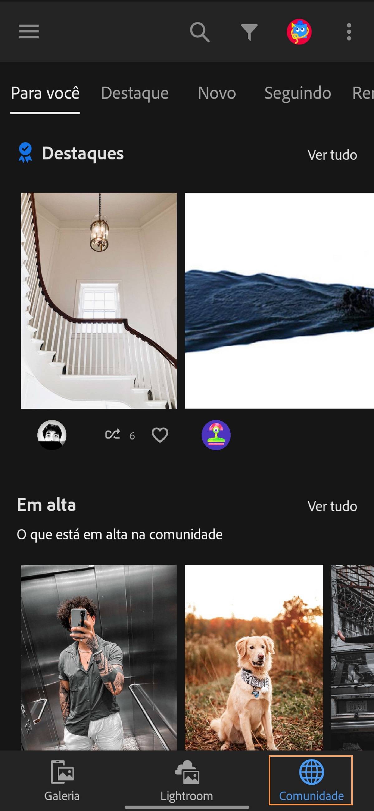 A guia Comunidade no Lightroom permite compartilhar suas fotos na comunidade