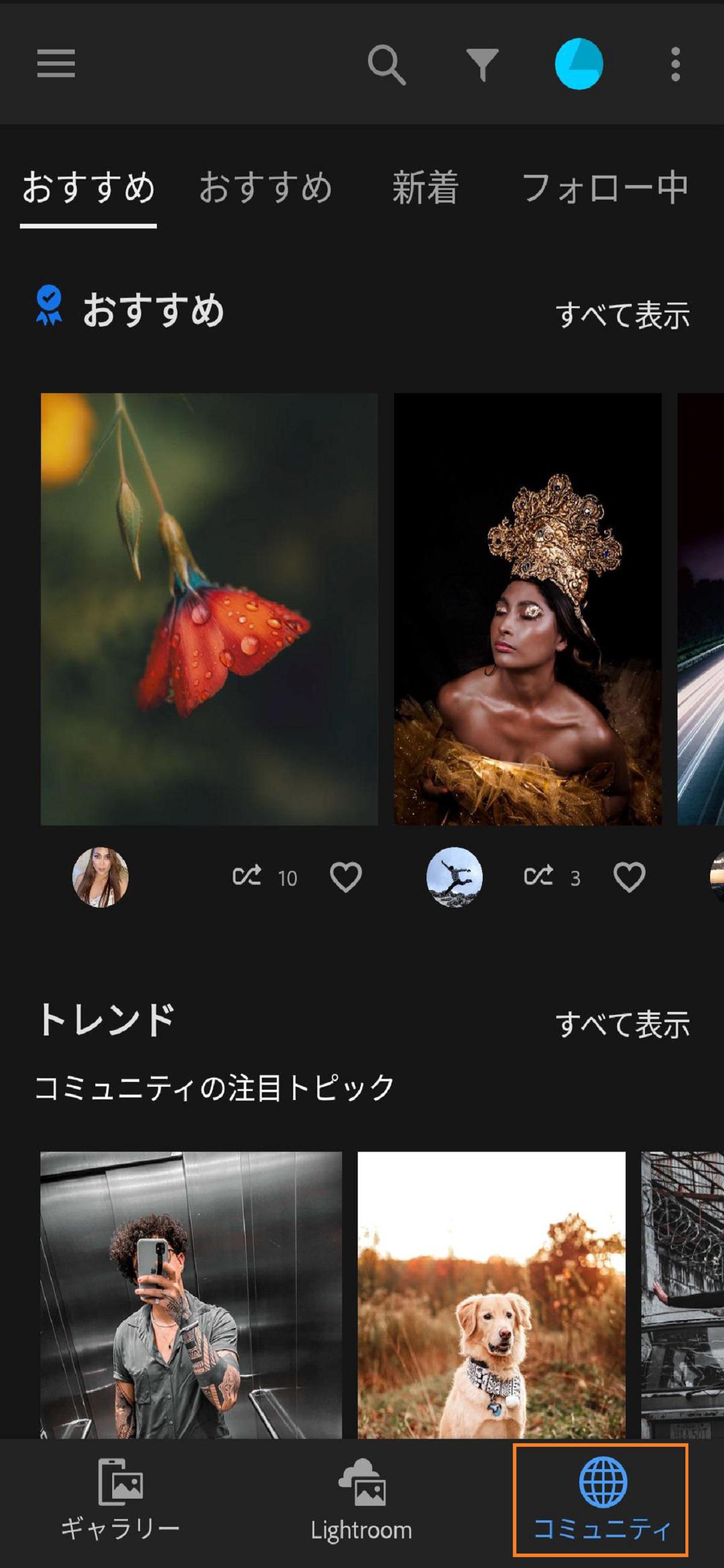 Lightroom の「コミュニティ」タブを使用すると、写真をコミュニティに共有できます