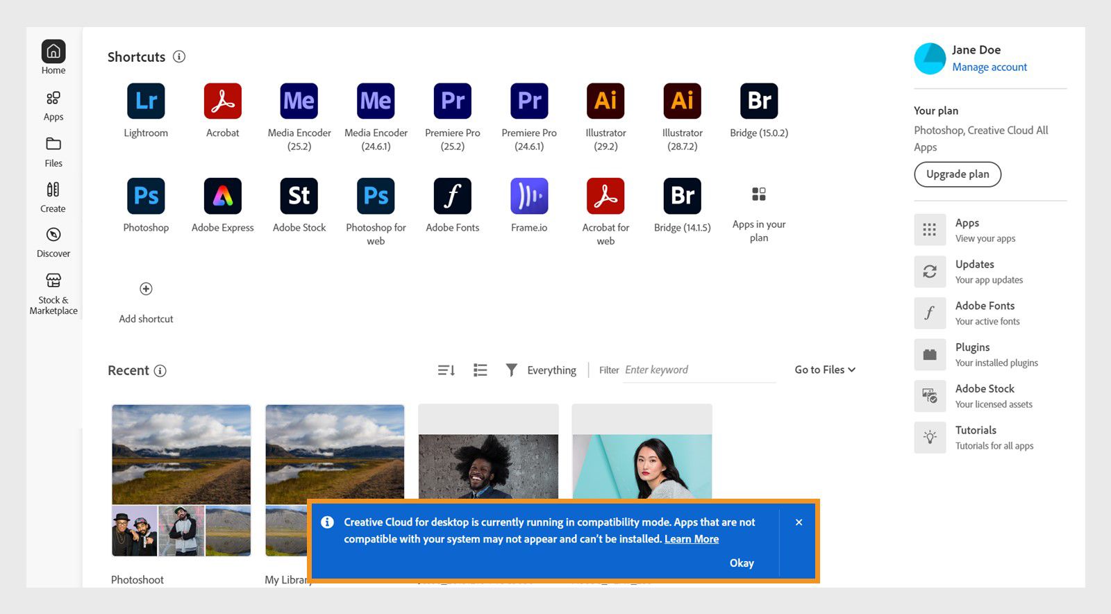 تطبيق سطح المكتب Creative Cloud يعرض رسالة تنبيه تفيد بأن التطبيق يعمل في وضع التوافق 