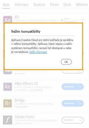 Aplikace Creative Cloud pro počítače spuštěná v režimu kompatibility