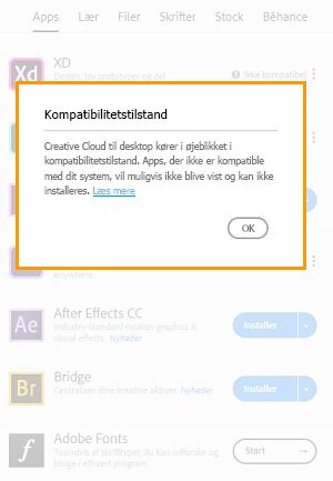 Creative Cloud-computerapp kører i kompatibilitetstilstand