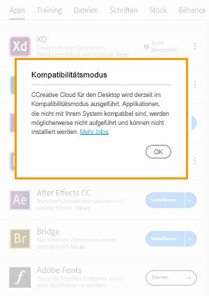 Creative Cloud-Client wird im Kompatibilitätsmodus ausgeführt