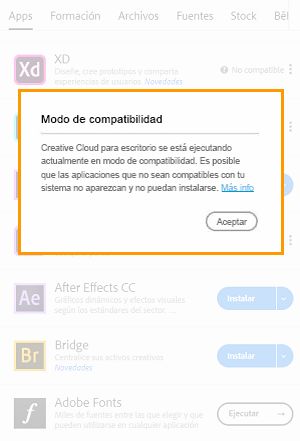 Aplicación de escritorio de Creative Cloud en modo de compatibilidad