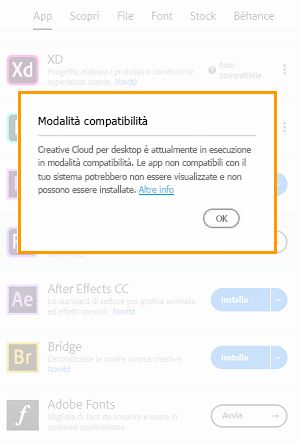 App Creative Cloud eseguita in modalità di compatibilità