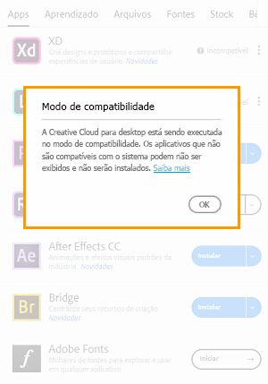 Execução do aplicativo de desktop da Creative Cloud no modo de compatibilidade
