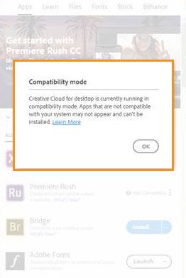 Aplicația desktop Creative Cloud rulează în modul de compatibilitate
