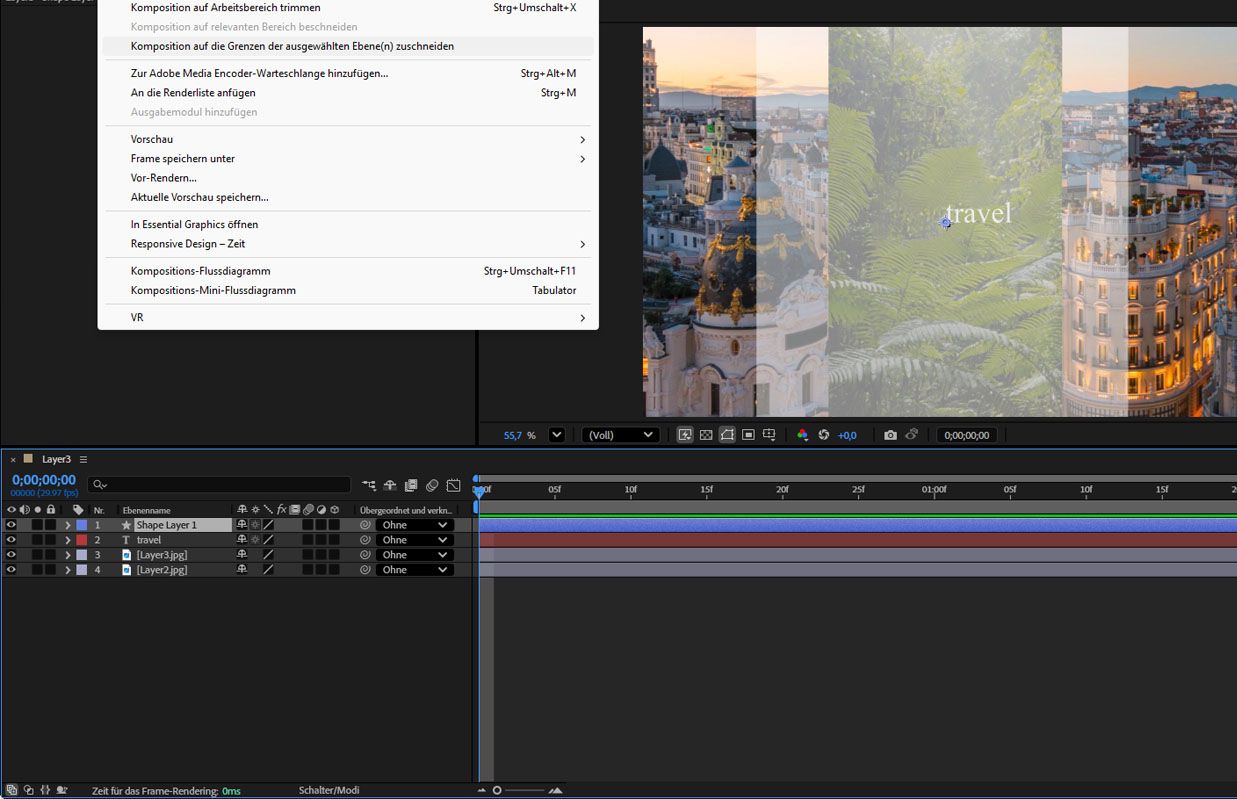 Im Kontextmenü der Ebene ist die Option „Komposition auf die Grenzen der ausgewählten Ebene(n) zuschneiden“ ausgewählt.