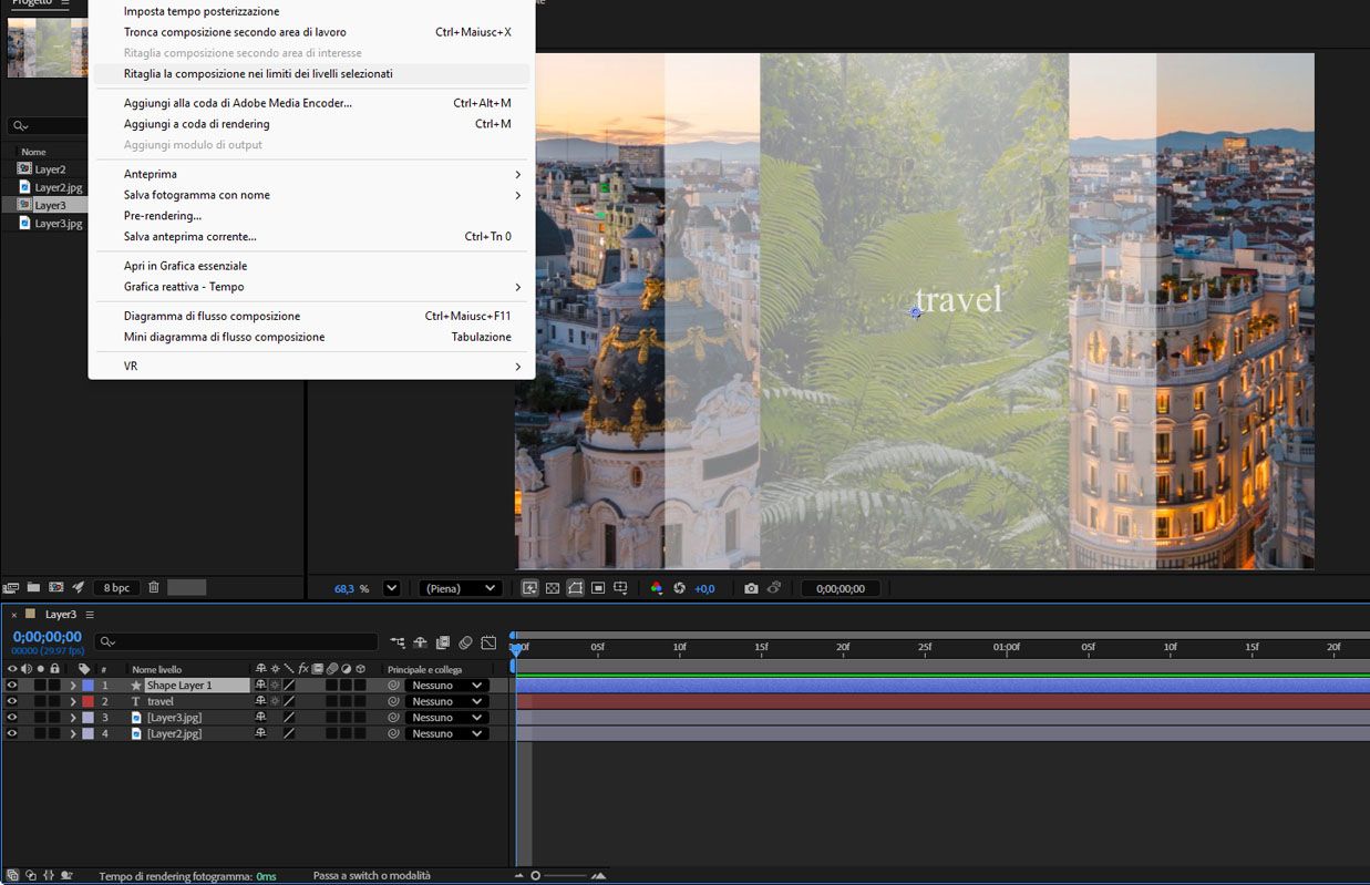 Ritaglia composizione ai limiti dei livelli selezionati è selezionato dal menu contestuale del livello.