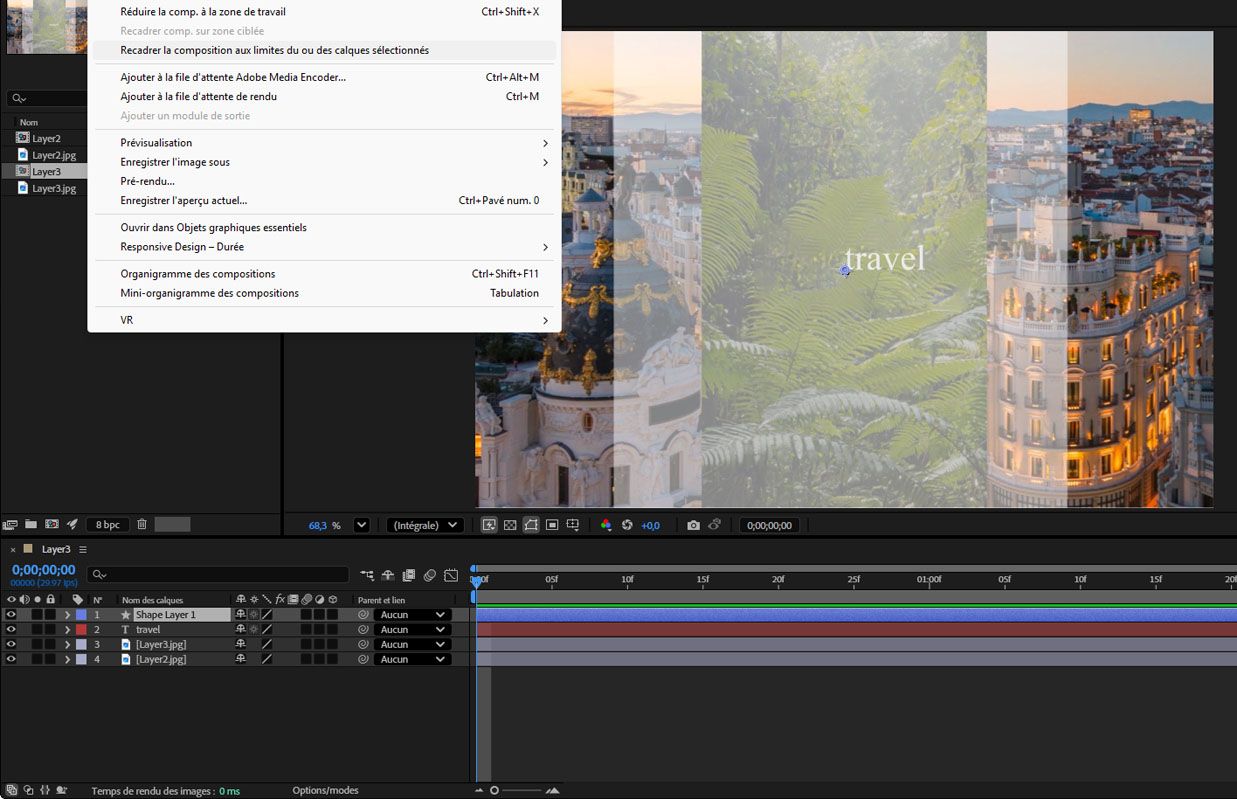 L’option Recadrer la composition aux limites du ou des calques sélectionnés est sélectionnée dans le menu contextuel du calque.
