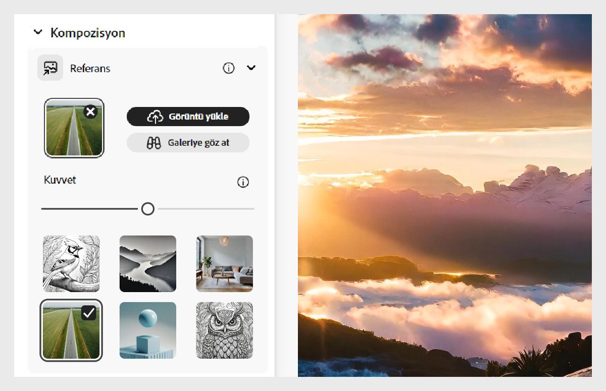 Kompozisyon altındaki Referans bölümünde galeriden eklenen bir görüntü gösterilmektedir ve Kuvvet kaydırma çubuğu orta düzeye ayarlanmıştır.