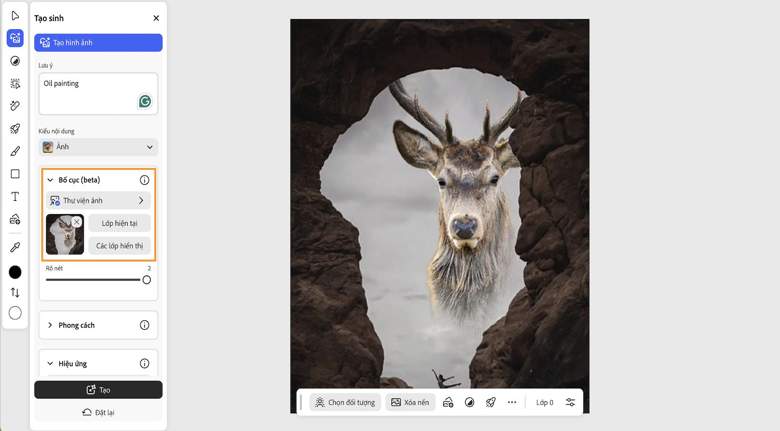 Trang chủ Photoshop trên web hiển thị với bảng Tạo sinh đang mở, cho thấy các tùy chọn để nhập câu lệnh, chọn loại Nội dung, Chọn Bố cục, Phong cách, v.v. 