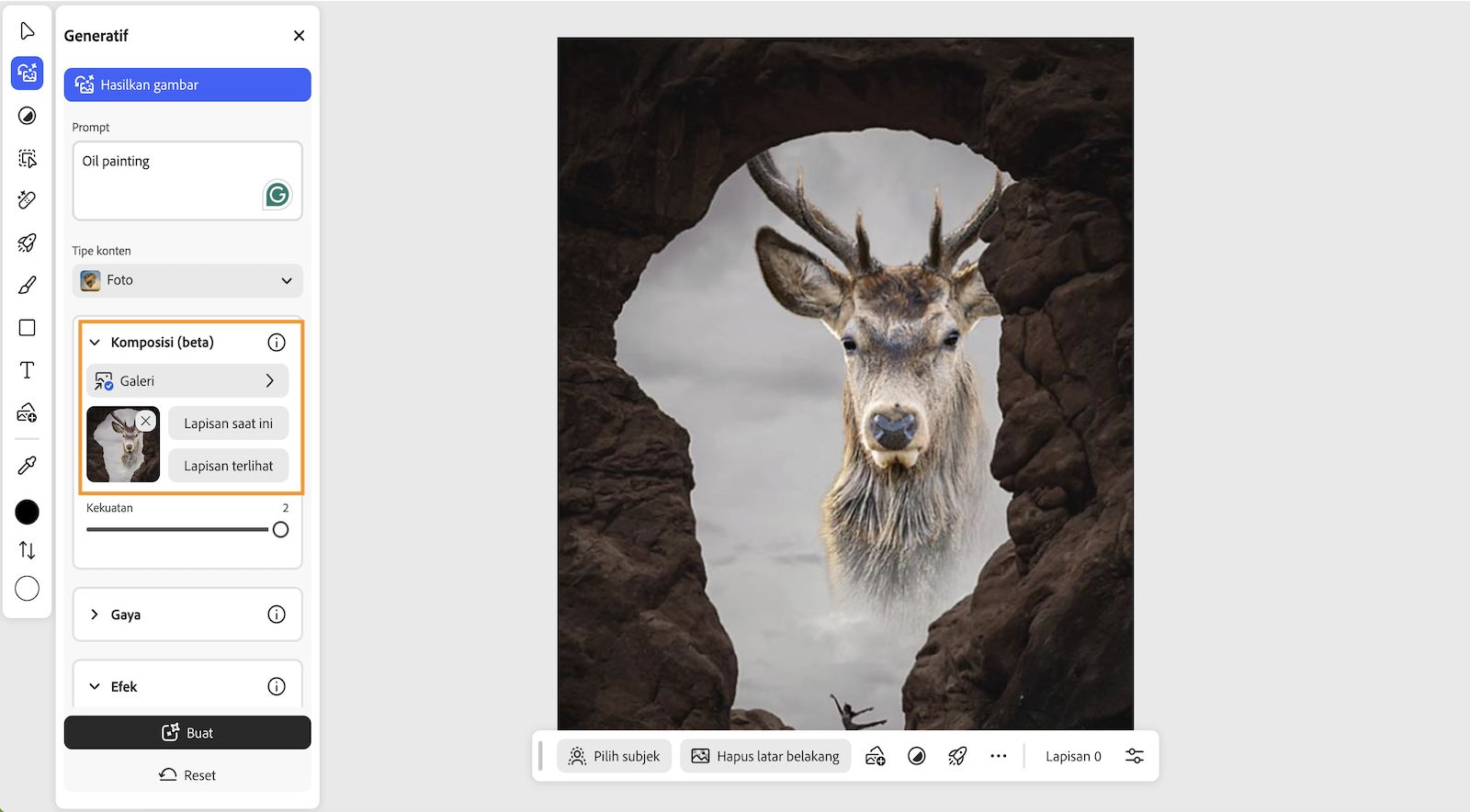 Home page di Photoshop per il Web in cui il pannello Generativo è aperto con opzioni per digitare un prompt, Seleziona tipo di contenuto, Seleziona composizione, Stile e altro ancora. 