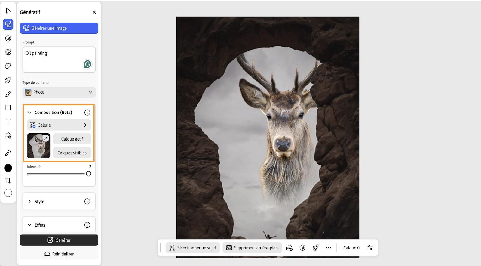 L’écran d’accueil de Photoshop sur le web s’affiche avec le panneau Génératif ouvert présentant les options de saisie d’un prompt, de sélection du type de contenu, de sélection de la composition, du style, et plus encore. 
