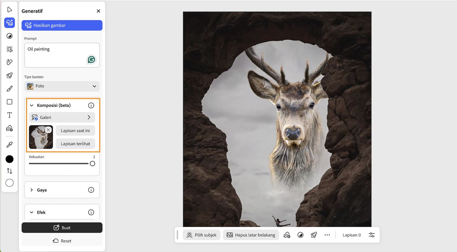 Layar beranda Photoshop di web ditampilkan dengan panel Generatif dibuka yang menunjukkan opsi untuk mengetik prompt, memilih tipe Konten, Pilih Komposisi, Gaya, dan lainnya. 