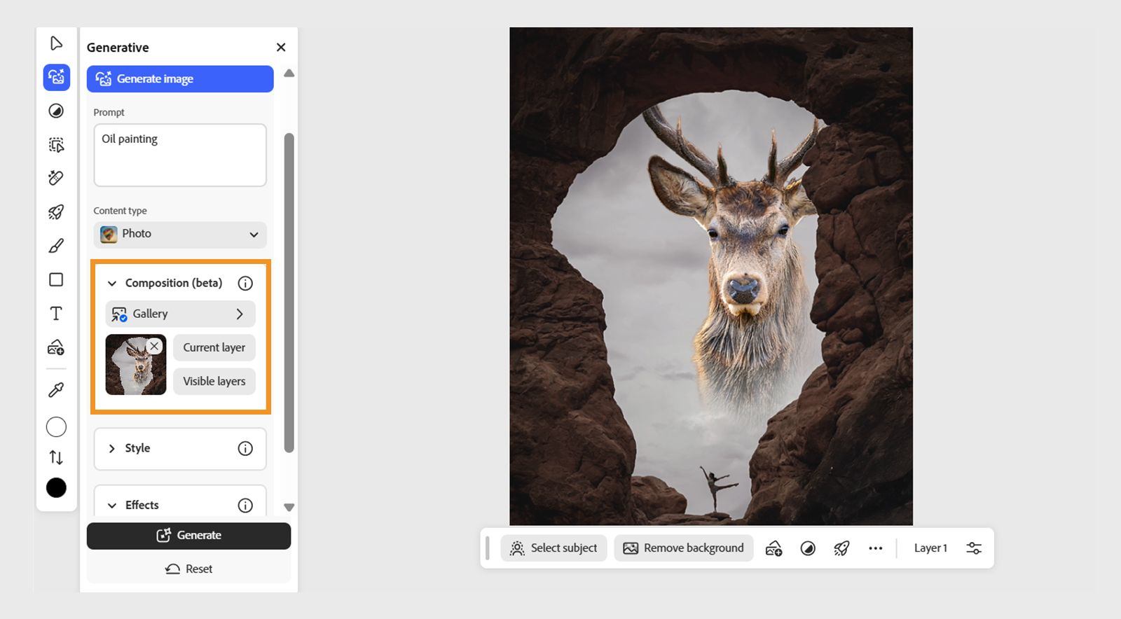 يتم عرض Photoshop على الويب على الشاشة الرئيسية مع لوحة العناصر التوليدية المفتوحة التي تظهر خيارات كتابة مطالبة وتحديد نوع المحتوى وتحديد التركيبة والنمط وغير ذلك الكثير. 