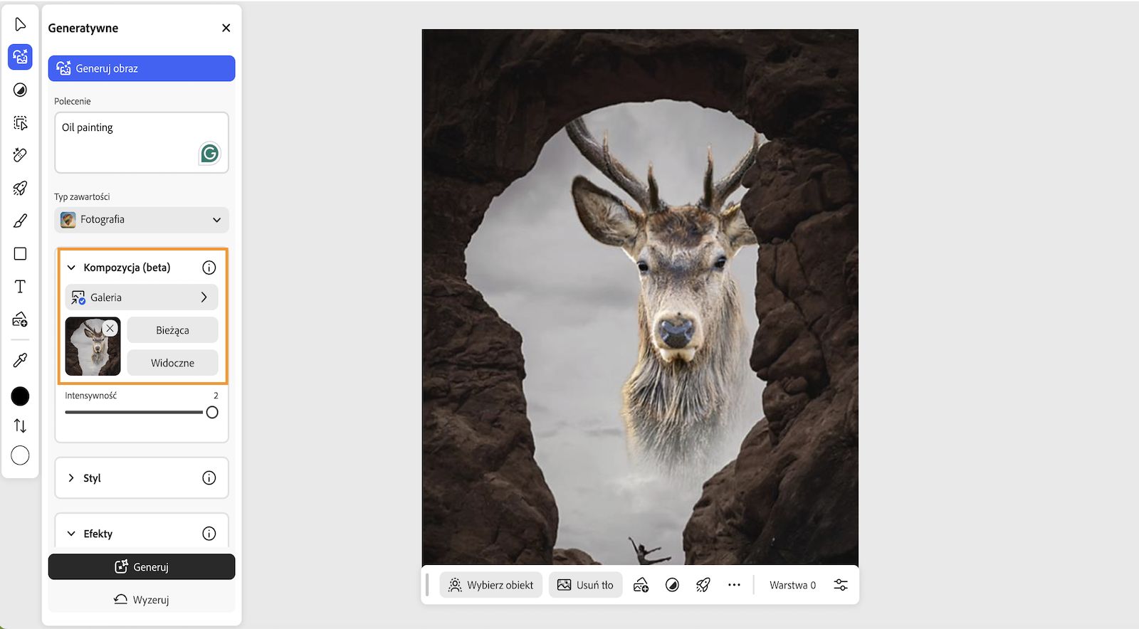 Ekran początkowy programu Photoshop w Internecie jest wyświetlany z otwartym panelem Generatywne, w którym możesz wpisać polecenie oraz wybrać typ zawartości, kompozycję, styl itd. 