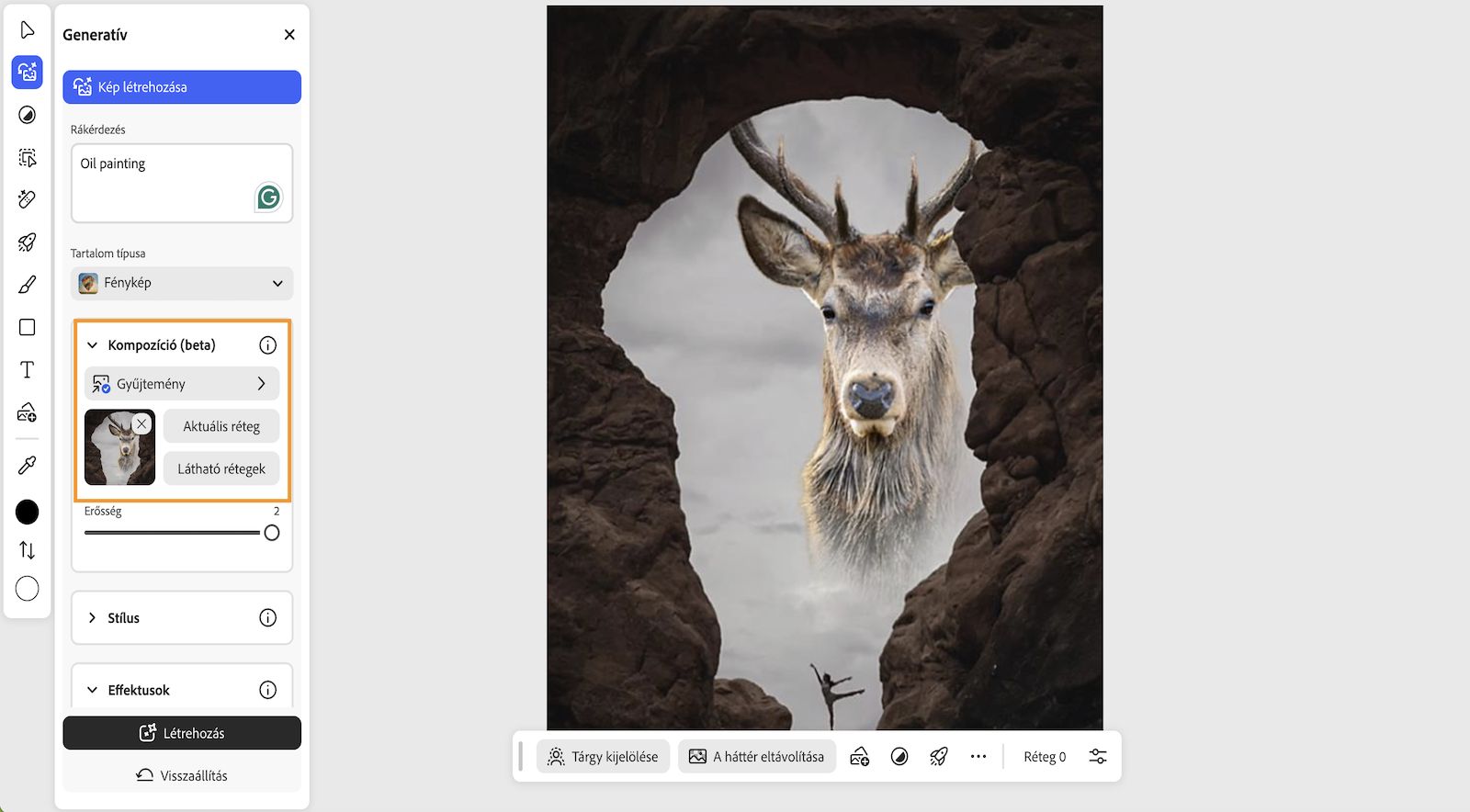 A webes Photoshop kezdőképernyője a megnyitott Generatív panellel, amelyen a prompt begépelésére, valamint a tartalomtípus, a kompozíció, a stílus és az egyéb beállítások kiválasztására szolgáló lehetőségek láthatók. 