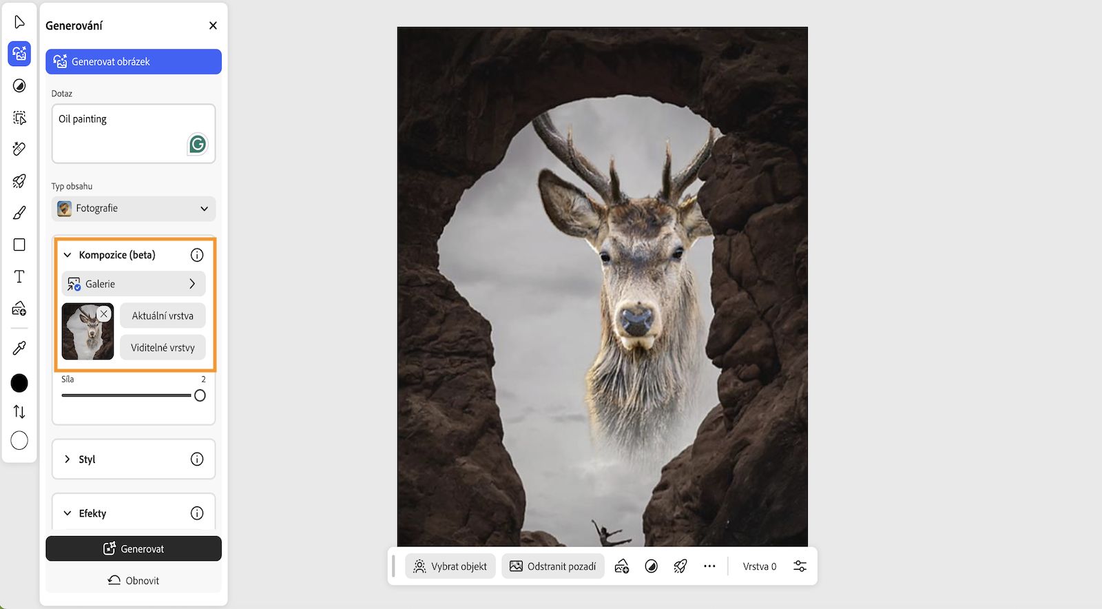 Domovská obrazovka aplikace Photoshop na webu s otevřeným panelem Generativní, který nabízí možnosti pro napsání pokynu nebo výběr typu obsahu, kompozice a stylu. 