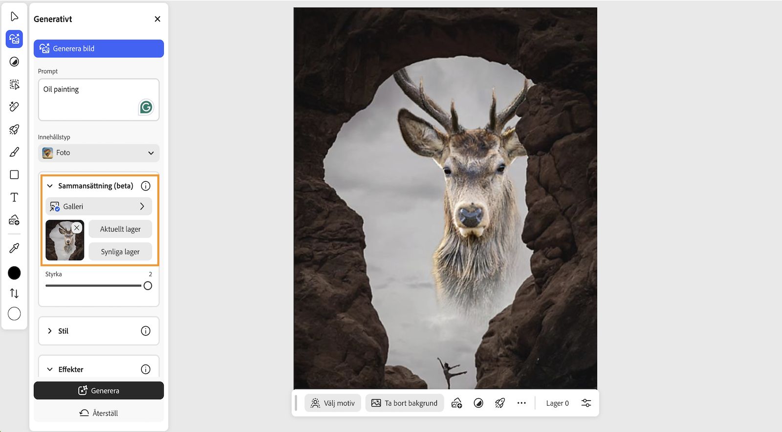 Photoshop på webben-hemskärmen visas med panelen Generativ öppen där alternativ för att skriva en beskrivning, välja innehållstyp, välja sammansättning, stil och mycket mer visas. 