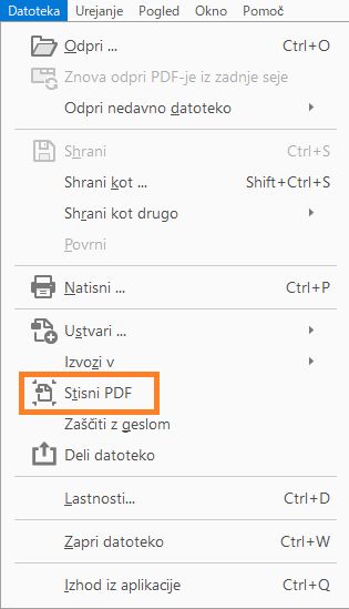 Stisnite PDF v meniju Datoteka