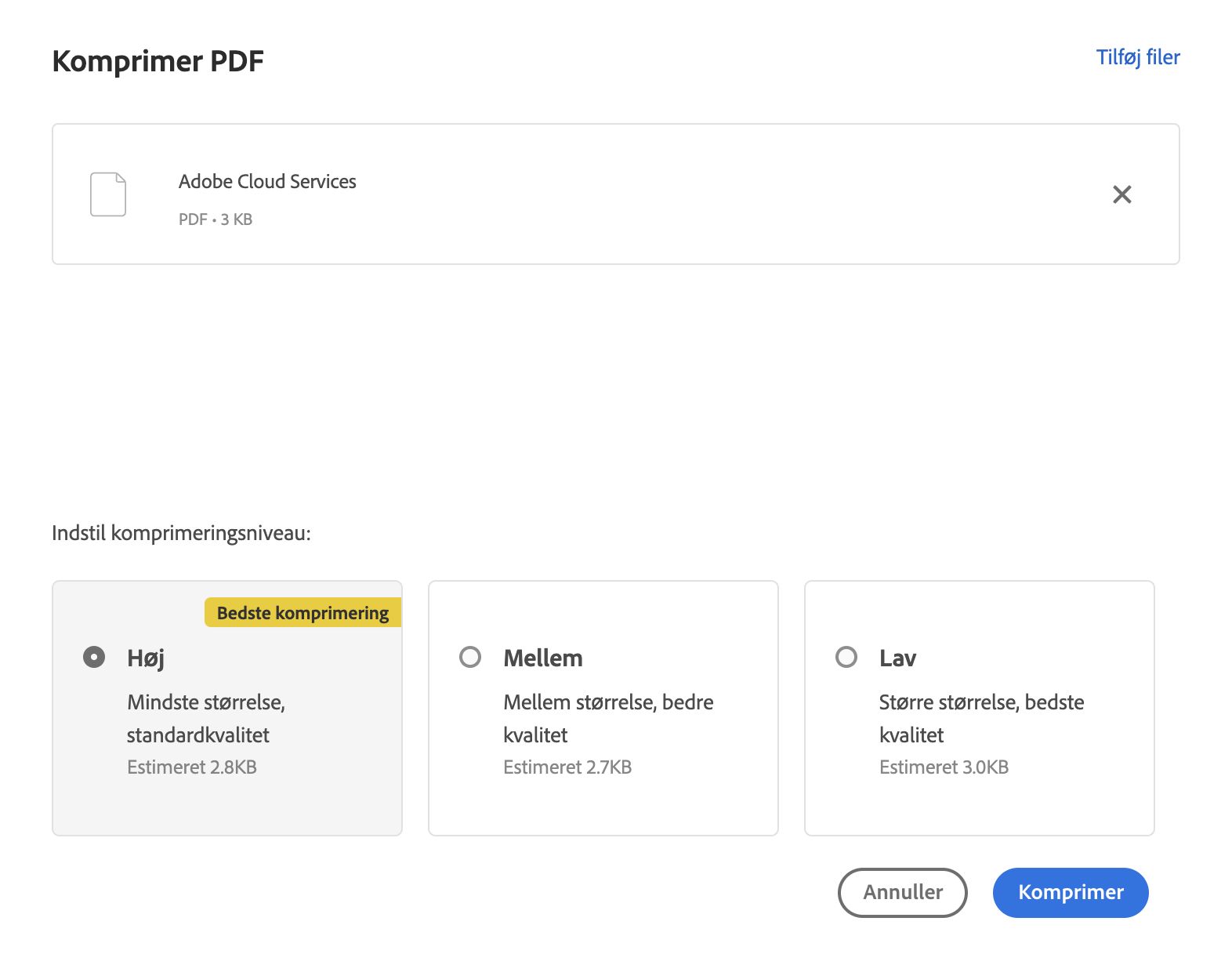 Komprimer PDF-indstillinger