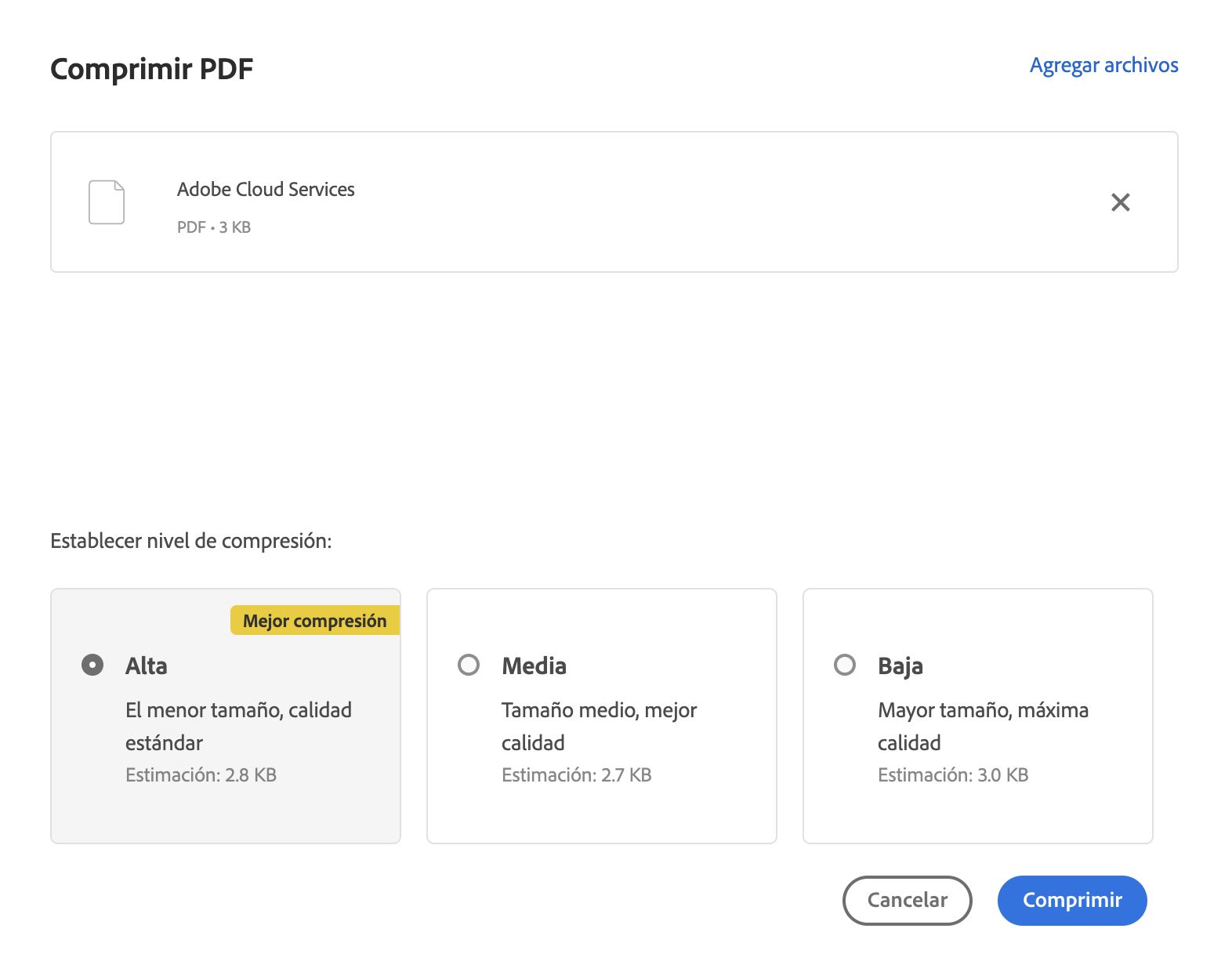 Opciones del PDF de compresión