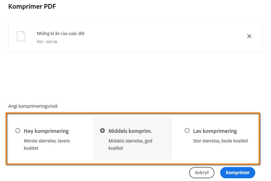 Velg komprimeringsnivå
