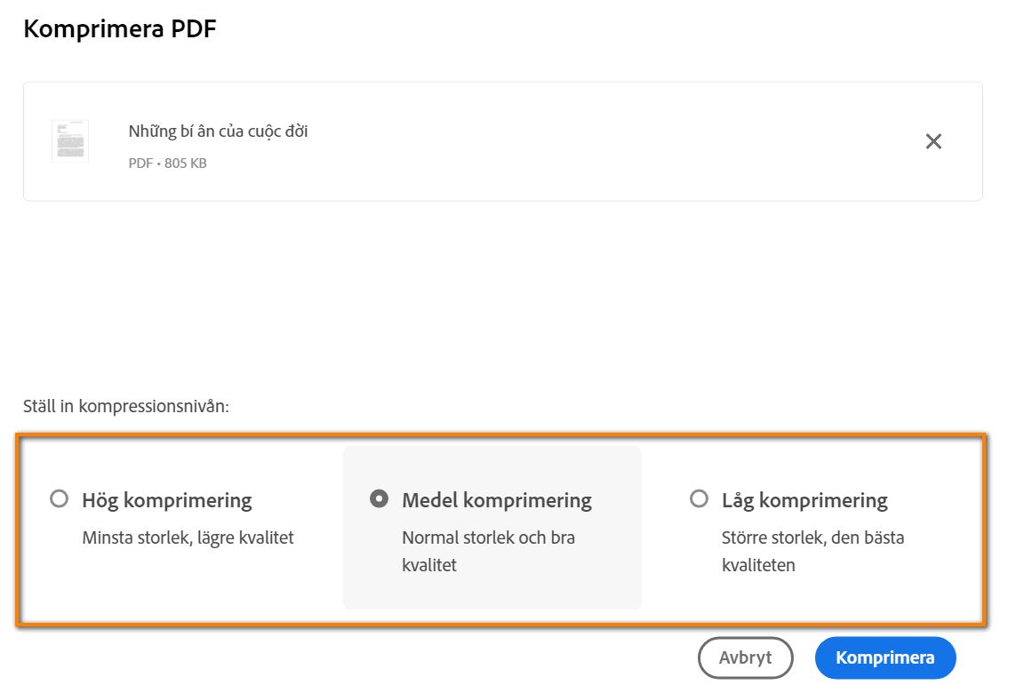 Välja komprimeringsnivåer