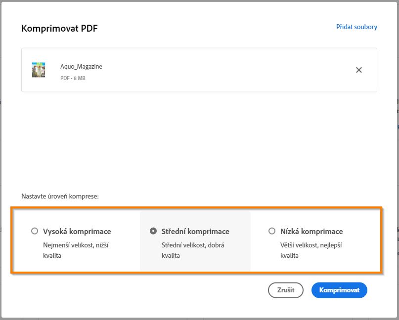 Vyberte úrovně komprese
