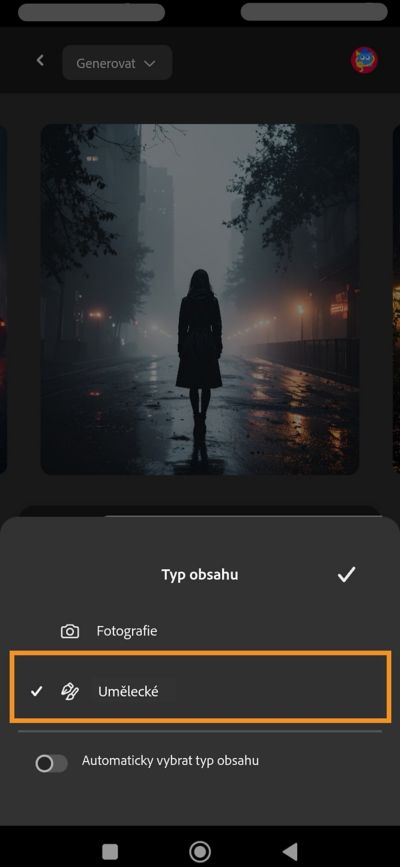 Otevře se část Typ obsahu a zobrazí se možnosti Fotografie, Kresba a Automaticky vybrat typ obsahu. 