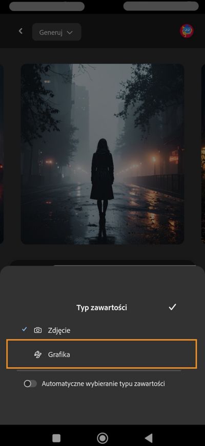 Sekcja Typ zawartości jest otwarta i wyświetlane są opcje wyboru typu zawartości: Zdjęcie, Grafika i Automatycznie. 