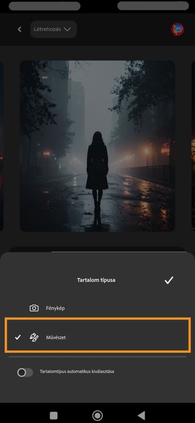 A Tartalom típusa szakasz nyitva van, és a Fénykép, Grafika és az Automatikus tartalomtípus kiválasztása opciók láthatók.