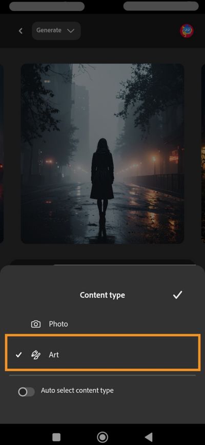 The Content Type section is open, and the Photo, Art, and Auto select content type options are displayed. 