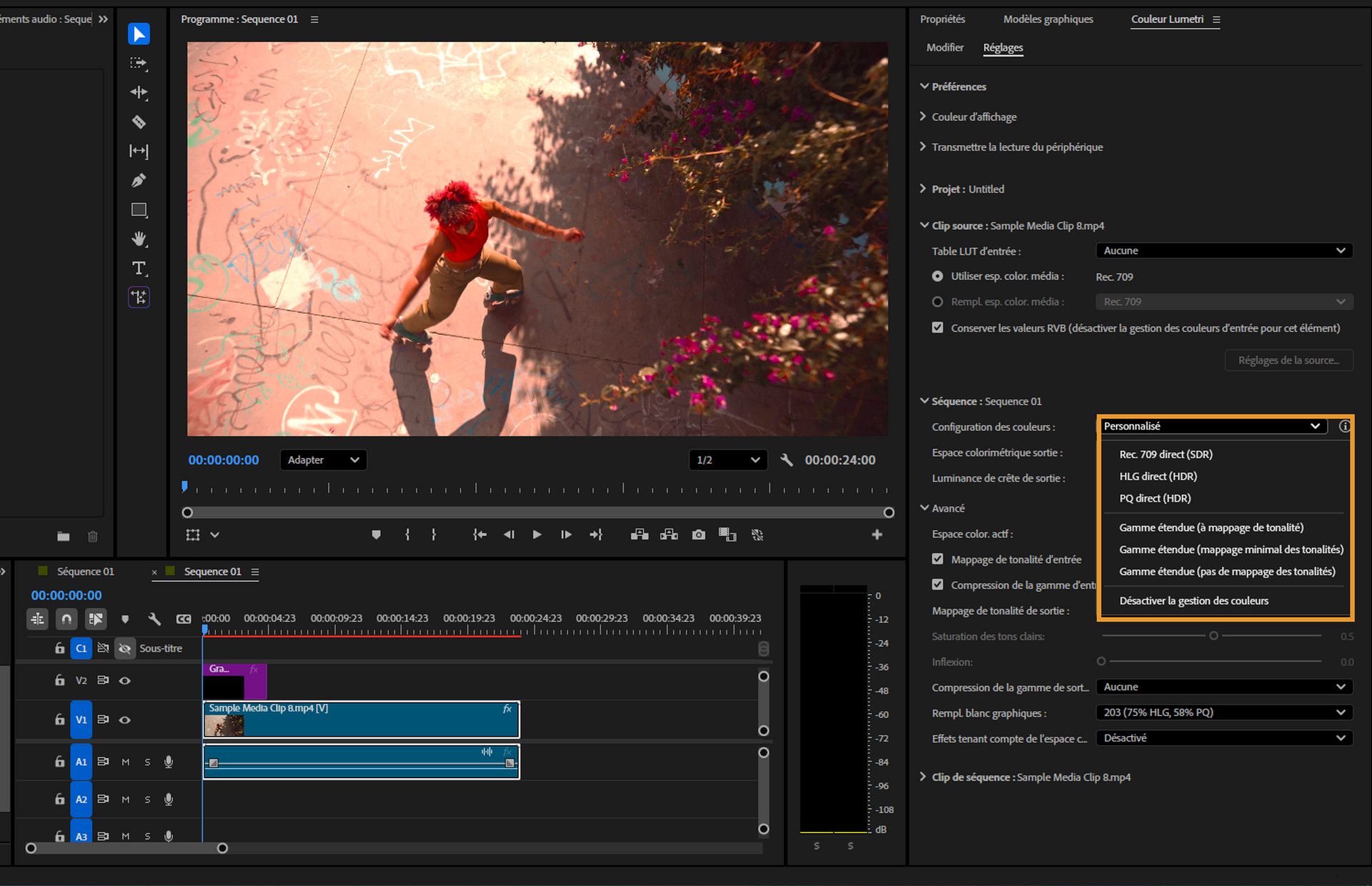 Menu de configuration des couleurs développé dans la boîte de dialogue Paramètres de séquence, affichant des options incluant Désactiver la gestion des couleurs.