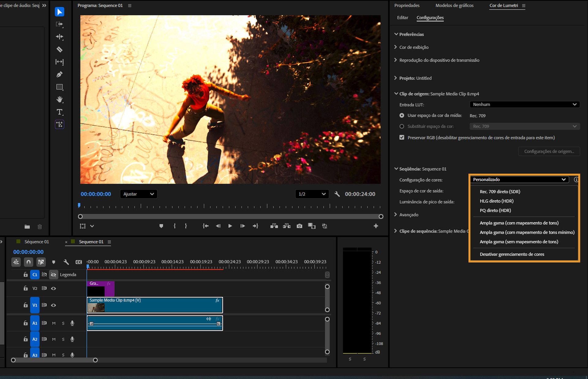 Menu de configuração de cores expandido na caixa de diálogo “Configurações da sequência”, mostrando opções que incluem “Desabilitar gerenciamento de cores”.