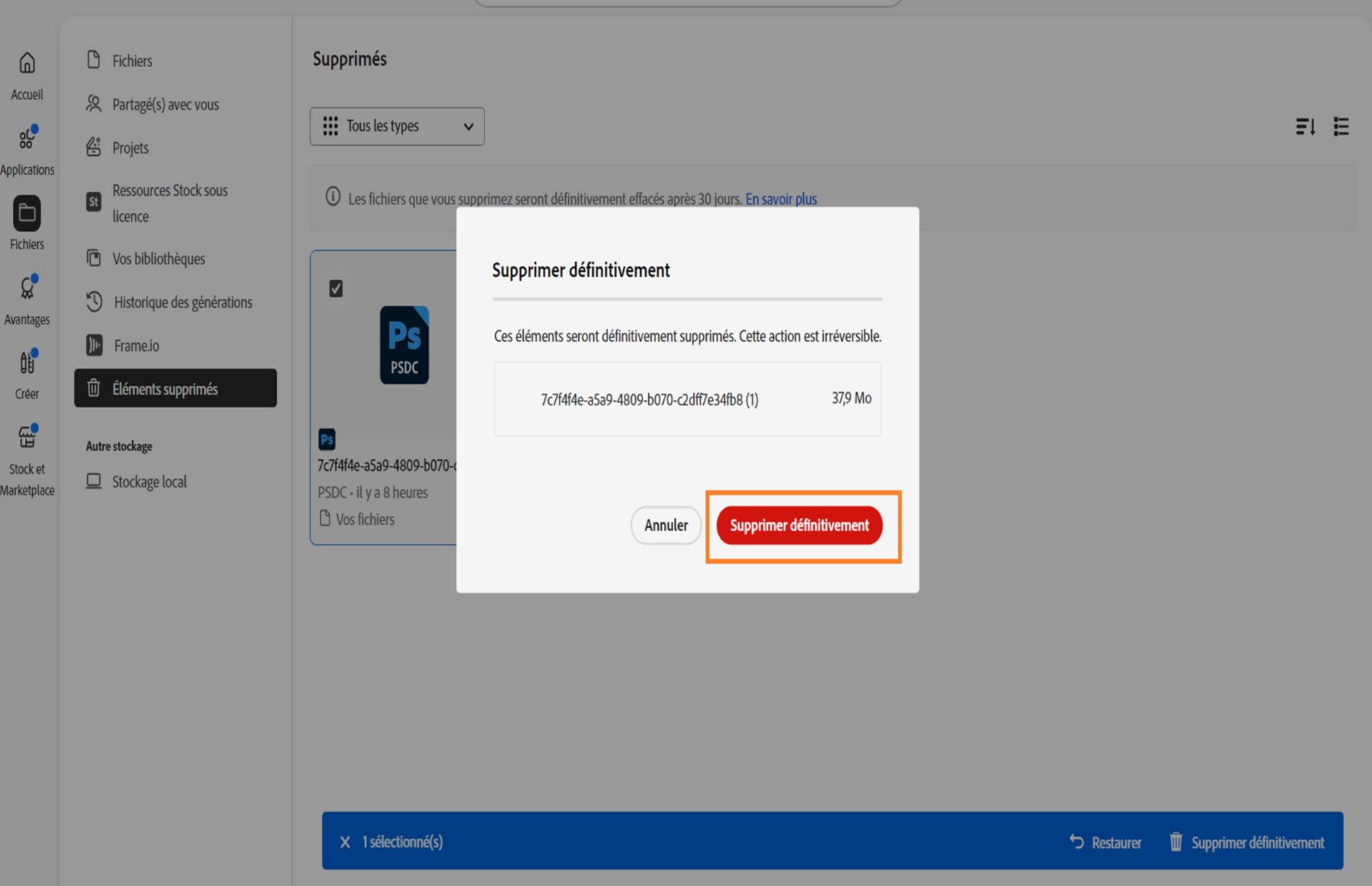 La boîte de dialogue de confirmation, qui apparaît lorsque vous supprimez définitivement un fichier, vous permet de confirmer votre action. 