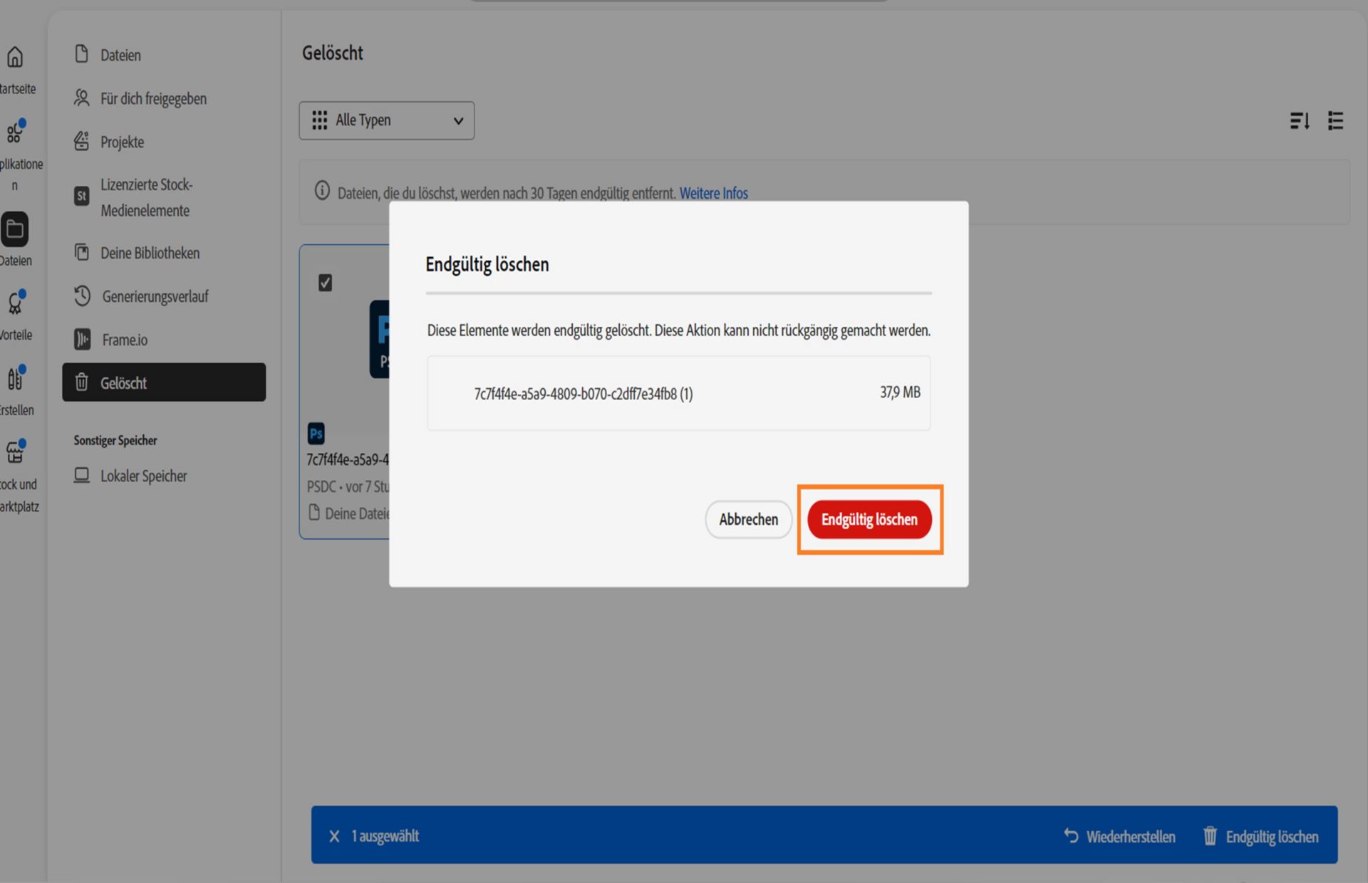 Das Bestätigungsdialogfeld, das angezeigt wird, wenn du eine Datei endgültig löschst, enthält eine Option zum Bestätigen des Vorgangs. 