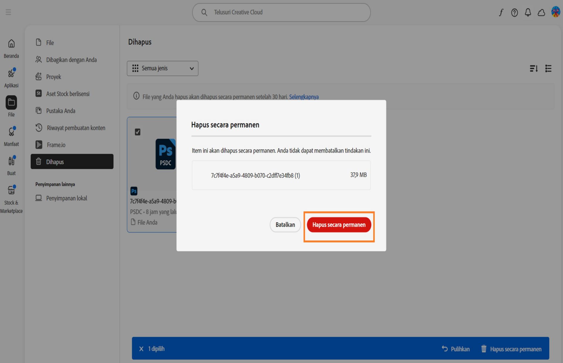 Kotak dialog konfirmasi yang muncul saat Anda menghapus file secara permanen menyediakan opsi untuk mengonfirmasi tindakan Anda. 